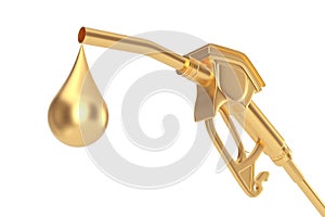 Golden Gasoline Pistol Pump Fuel Nozzle, Gas Station Dispenser with Golden Droplet of Gas. 3d Rendering