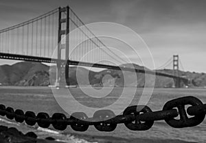 The Golden Gate Bridge with a chain