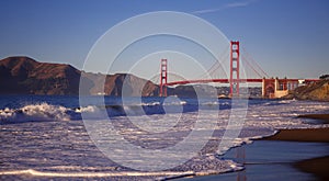 Golden Gate Bridge at daybreak at night.