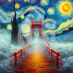 The golden gate bridge in fog, disappears into a swirling sea of Van Gogh's painting, air of mystery and intrigue