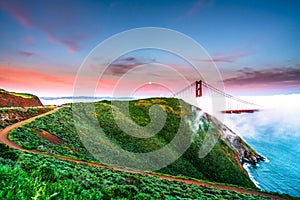 The Golden Gate Bridge in the fog, San Francisco, California, United States of America.