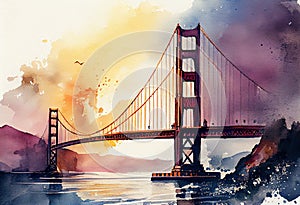 Golden Gate bridge in New York, watercolor artwork. AI generative content. Sunset
