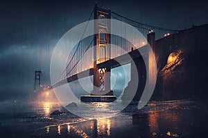 Golden Gate Bridge, at night in the rain