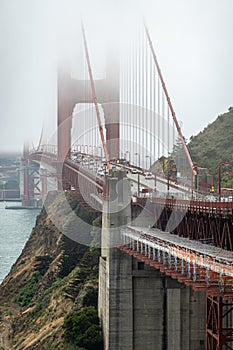 Golden Gate Bridge north tower in the fog, San Francisco, CA, USA