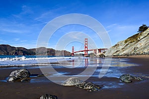 Golden Gate Bridge Panoramic View from Baker Beach on a Sunny Summer Day