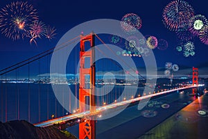 Golden Gate bridge in San Francisco (California, USA) with fireworks