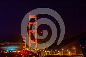 Golden gate bridge San Francisco with night time car lights trails