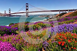 Golden Gate Bridge San Francisco purple flowers California