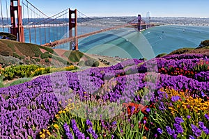 Golden Gate Bridge San Francisco purple flowers California