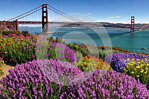 Golden Gate Bridge San Francisco purple flowers California