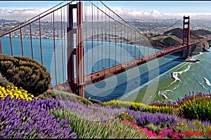 Golden Gate Bridge San Francisco purple flowers California