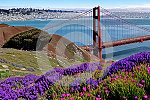 Golden Gate Bridge San Francisco purple flowers California