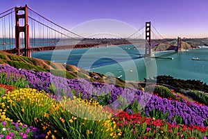 Golden Gate Bridge San Francisco purple flowers California