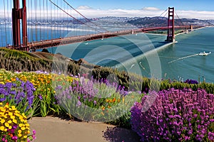 Golden Gate Bridge San Francisco purple flowers California