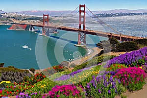 Golden Gate Bridge San Francisco purple flowers California