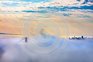 Golden Gate Bridge and San Francisco in thick fog