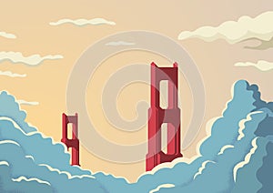 Golden Gate bridge in San Francisco in USA postcard vector template. Bridge in sunset with clouds or fog below.