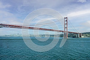 Golden Gate bridge south landing, San Francisco under it, CA, USA