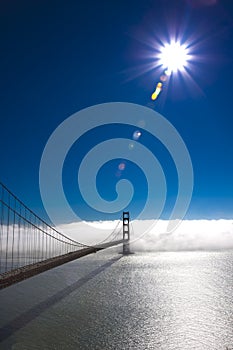 Golden Gate Bridge with sun and fog