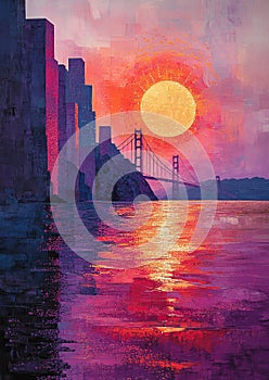 Golden Gate Bridge at Sunrise: Pointillist Mastery photo