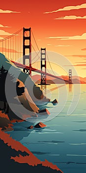 Golden Gate Bridge Sunset Illustration: 2d Game Art And American Iconography