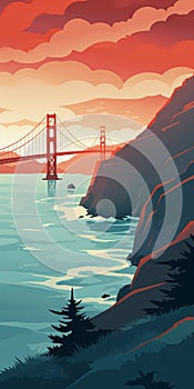 Golden Gate Bridge Sunset Illustration: Coastal Landscapes In Light Maroon And Dark Cyan