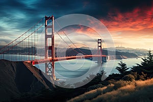 Golden Gate Bridge at sunset, San Francisco, California, USA, View of Golden Gate Bridge over San Francisco Bay, AI Generated