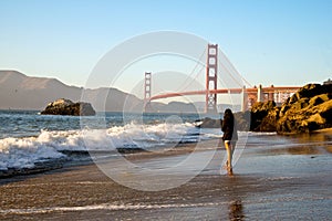 Golden Gate Bridge Sunset, Surf and Girl