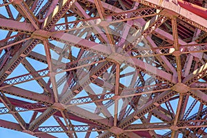 Golden Gate bridge under beam structure in San Francisco, California