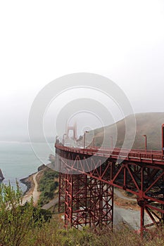 The Golden Gate Bridge from Vista Point, Marin County, Sausalito, California, on a foggy day