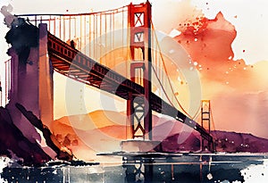 Golden Gate in New York, watercolor artwork. AI generative content. Sunset