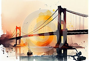 Golden Gate in New York, watercolor artwork. AI generative content. Sunset