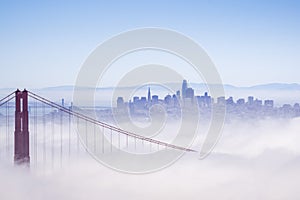 Golden Gate and the San Francisco bay covered by fog, the financial district skyline in the background, as seen from the Marin