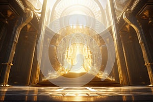 Golden gates of heaven - Guardians of the Gate: Saint Peter and the Pearly Entrance. Glowing golden throne