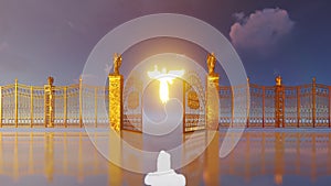 Golden gates of heaven opening to reveal glowing angel and flying doves