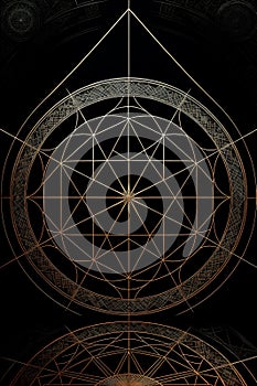 A golden geometric design on a black background, overlaid sacred geometry.