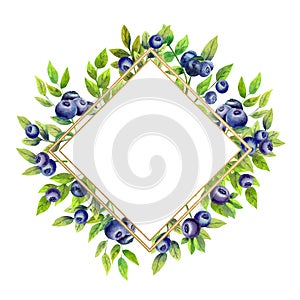 Golden geometric frame with ripe blueberries on white isolated background. Watercolor illustration