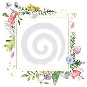 Golden geometric frame with watercolor wildflowers. Template for the text in the form of a square, heart, circle, rhombus.