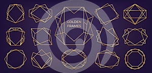 Golden geometric frame. Wedding and birthday invitation cards line polyhedron elements, modern art deco abstract borders