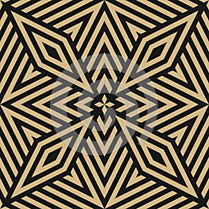 Golden geometric lines seamless pattern. Simple gold and black linear ornament
