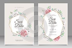 Golden geometric wedding invitation card set with floral aquarel