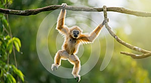 Golden gibbon hanging on tree branch in lush jungle setting photo