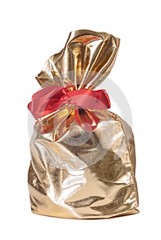 Golden gift bag with a red bow