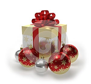 Golden gift box and Christmas balls with snowflakes