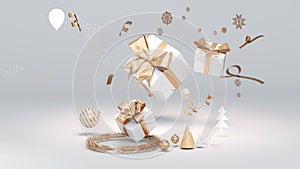 Golden gift box festival celebration,golden christmas gift box on a light blue background,3D rendering