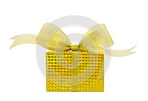 Golden gift box with gold ribbon bow isolated on white background, clipping path included