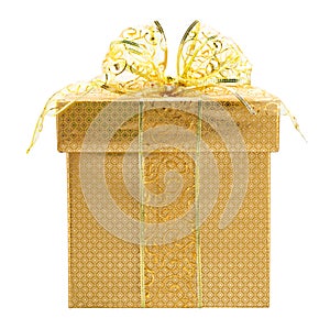 golden gift box with golden ribbon over white background
