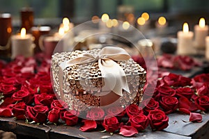 Golden gift box iwith golden bow, red roses and candles for Valentine\'s Day. Generative AI photo