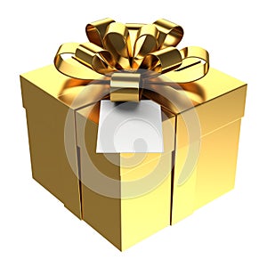Golden gift box with paper card, PNG transparent background