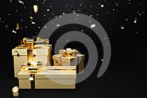 Golden gift boxes with falling sparkle on black background, christmas and anniversary concept